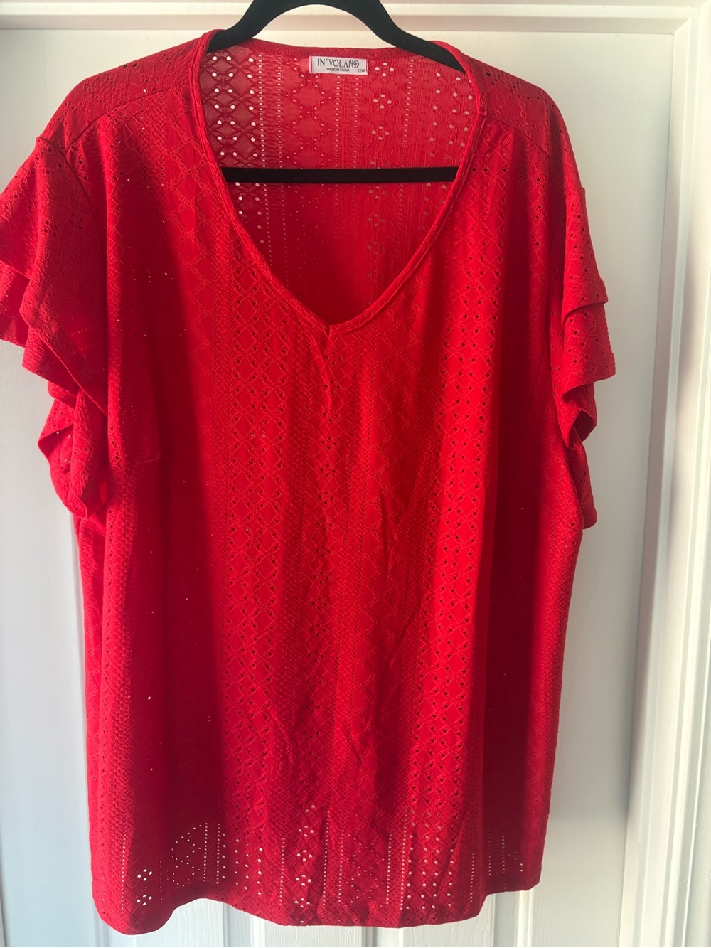 IN' VOLAND Red Eyelet V-Neck Blouse with Ruffle Sleeves